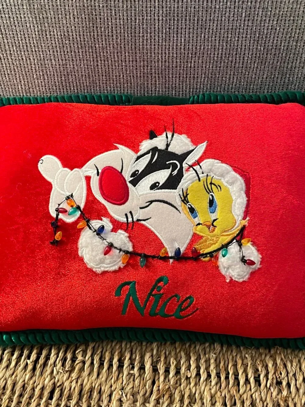 Vintage Looney Tunes Tweety Bird Sylvester Naughty Nice Pillow Christmas Reverse